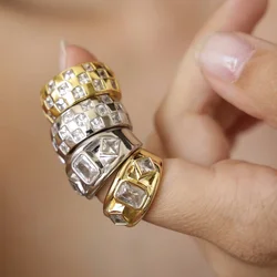 US Size 6 7 8 Gold Color Bezel Set Square Cubic Zirconia Iced Out 5A CZ Thick Eternity Band Dome Ring For Women