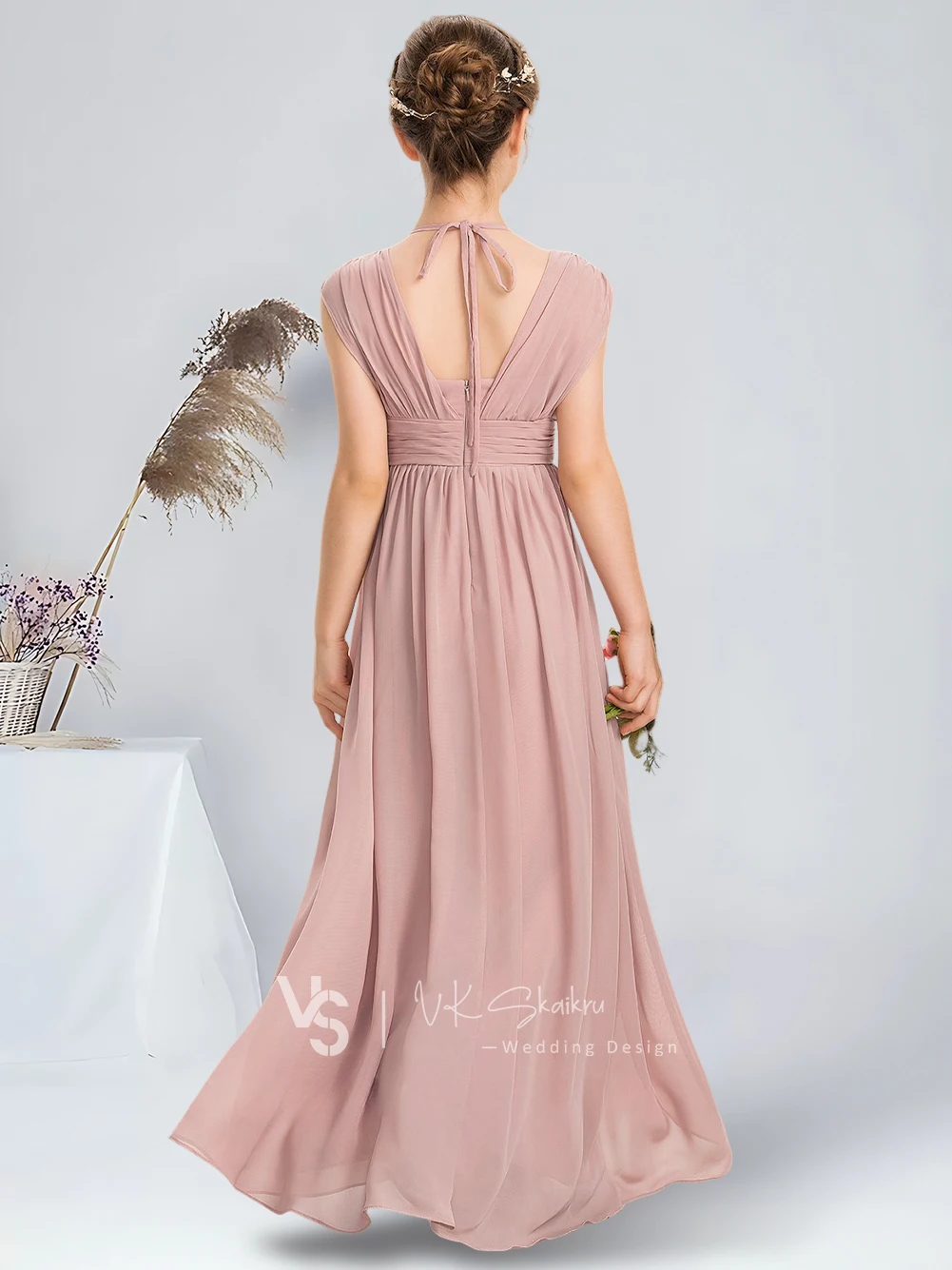 A-line V-Neck Floor-Length Chiffon Junior Bridesmaid Dress With Bow Graceful Dusty Rose Flower Girl Dress for Wedding Party Teen