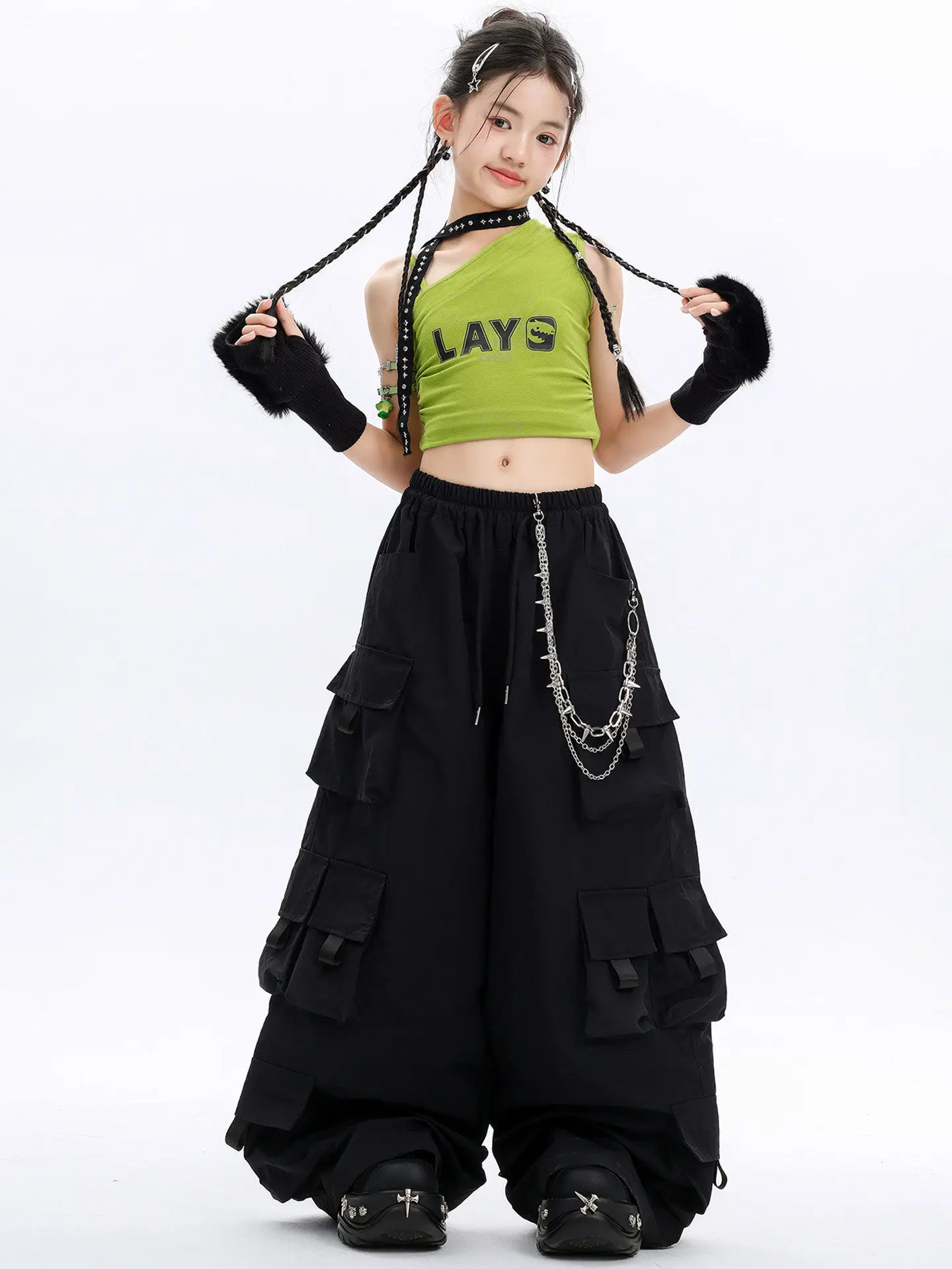 2026 New Girls Clothes Hip Hop Jazz Dance Costumes Crop Top Cargo Pants Suit Practice Street Dance Stage Wear Clothing DQL12877