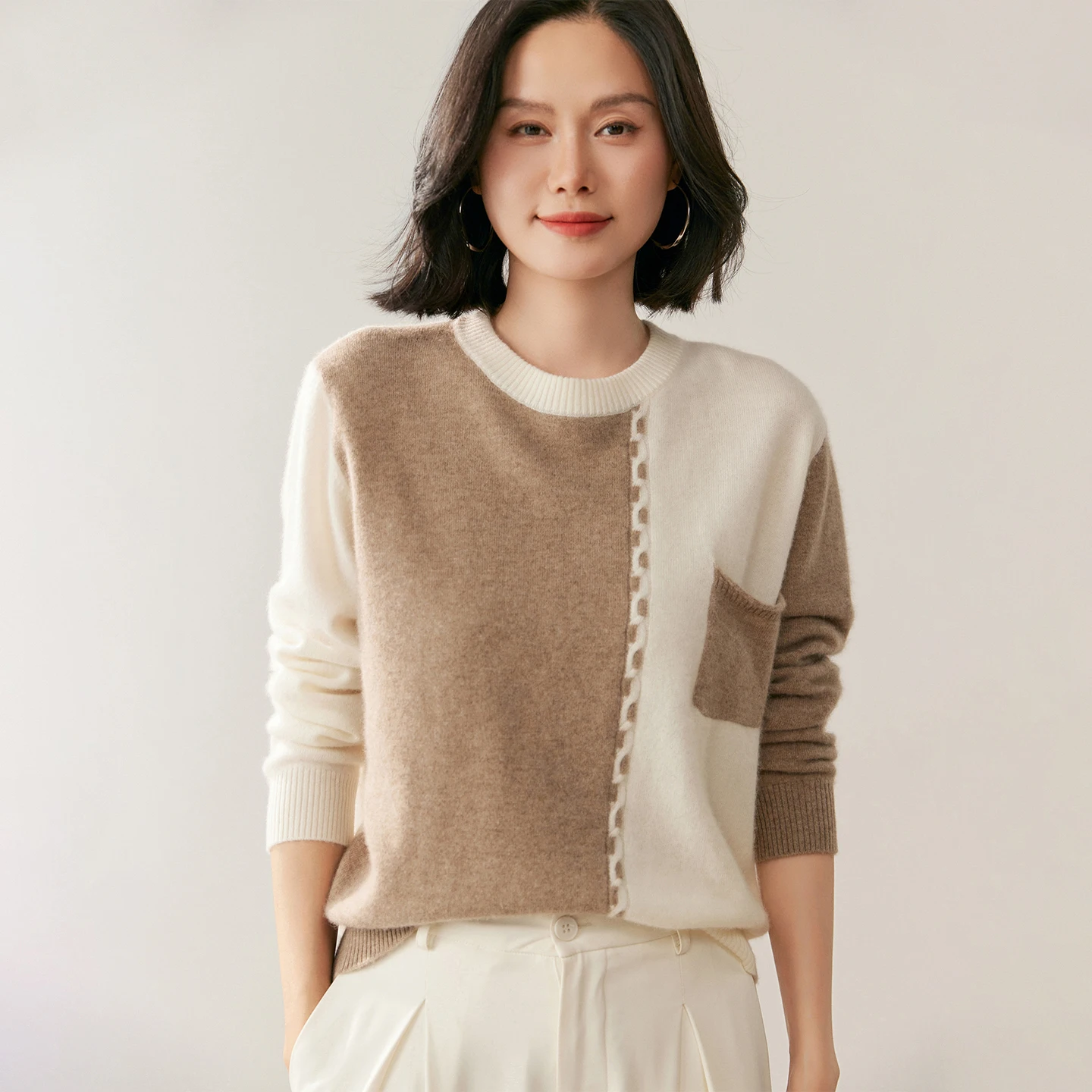 autumn winter color blocked round neck cashmere sweater women loose pullover knitted base sweater fashion Korean large size top