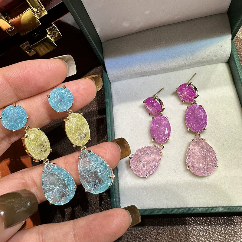 Unique colored gemstones cracked large round ZIRCON earrings summer new fairy girls sweet eardrop