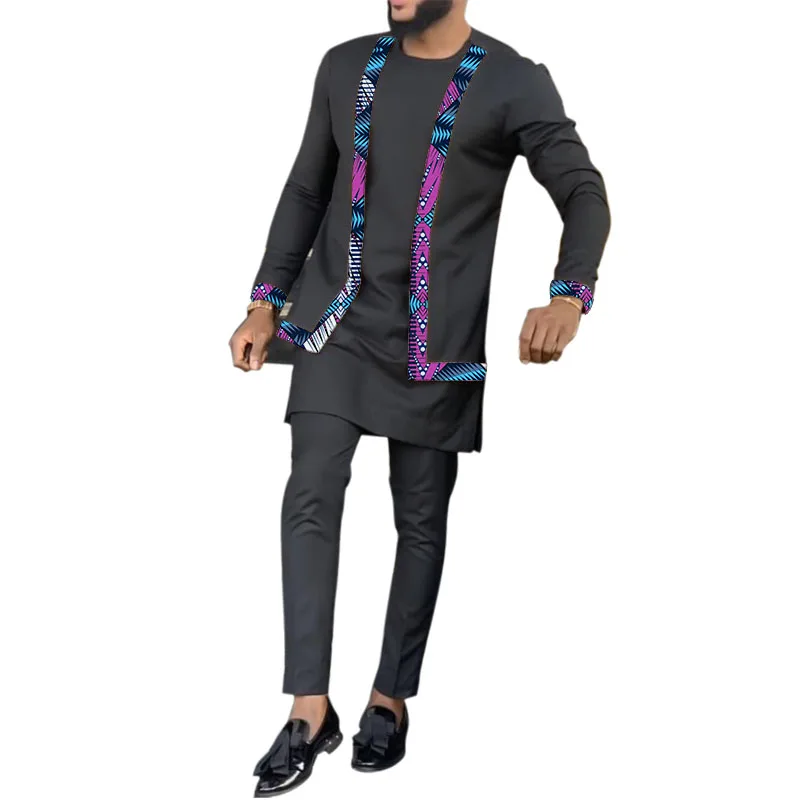 Double Layer Fake Two Pieces Design Men's Shirt+Solid Trousers Print/Black Patchwork Tops+Pant Male African Suits