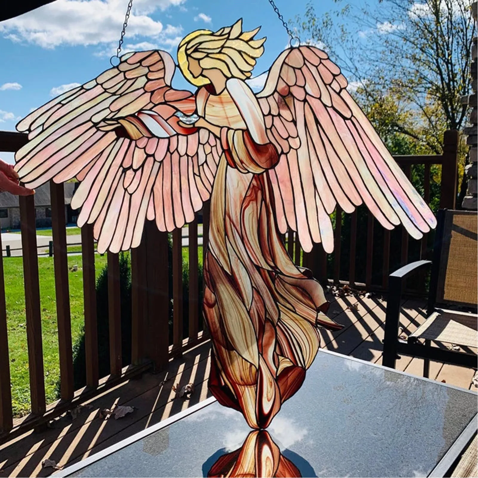 Angel Wings Decoration Stained Glass Acrylic Home Garden Hanging Wind Chimes Angel Painted Pendant Garden Yard Suncatchers Decor