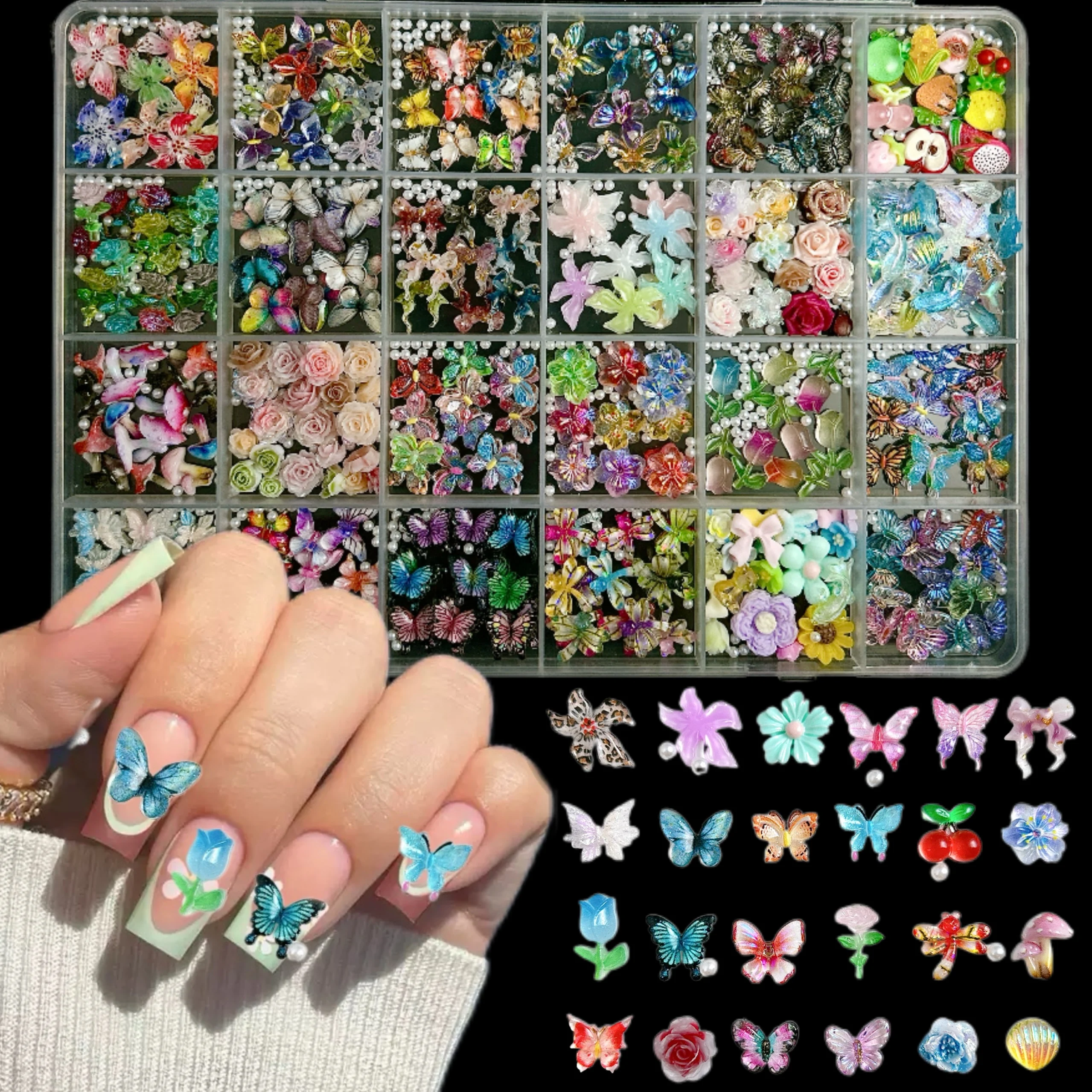 

1Box Colorful Minimalist Bow Translucent Butterfly Resin Nail Charms 3D Creative Alloy Cherry Tie Mixed Nail Art Decoration DIY