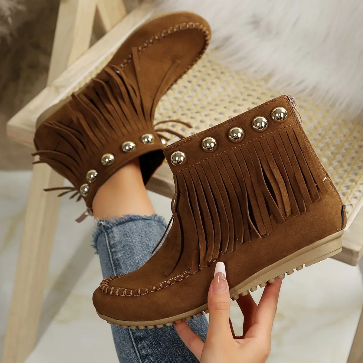 Large Size Comfort Short Tube Tassel Boots Female Winter New Sweet Versatile Suede Flat Botas Mujer Shoes High  Zapatos De Mujer