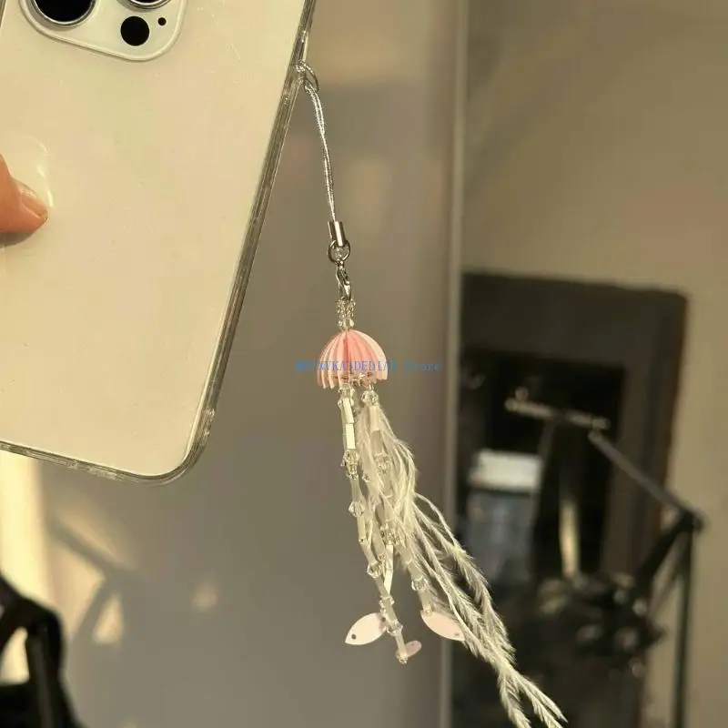 

C1FE Elegant Jellyfish Pendant with Soft Fringes Colorful Keychain Bag Charm