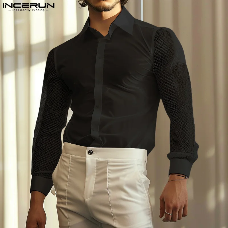 

INCERUN Tops 2024 American Style Fashion Men's Mesh Splicing Hollow Slightly Transparent Shirts Casual Long Sleeved Blouse S-5XL