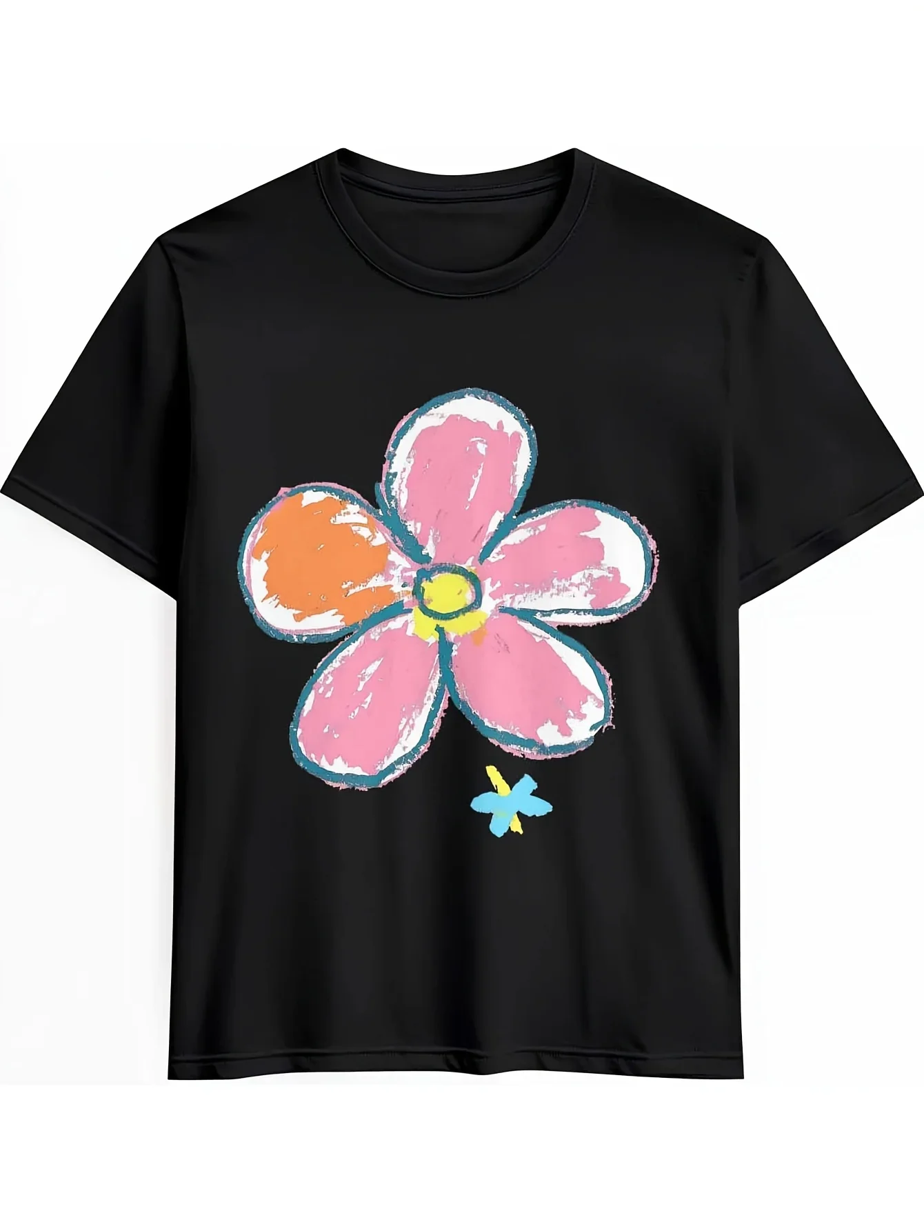 

Vibrant Pink Floral Design Season Comfort Everyday Tshirt Graffiti T Shirt Women's Casual Graffiti Flower Sleeve T-Shirt Round
