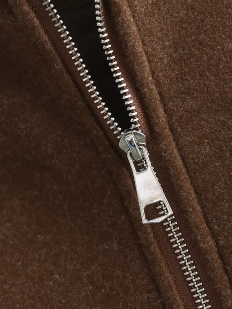 Vintage Women Brown Jacket 2024 Fashion Spring Autumn Ladies Casual Commute Double Zipper Jacket Long Sleeve Coat