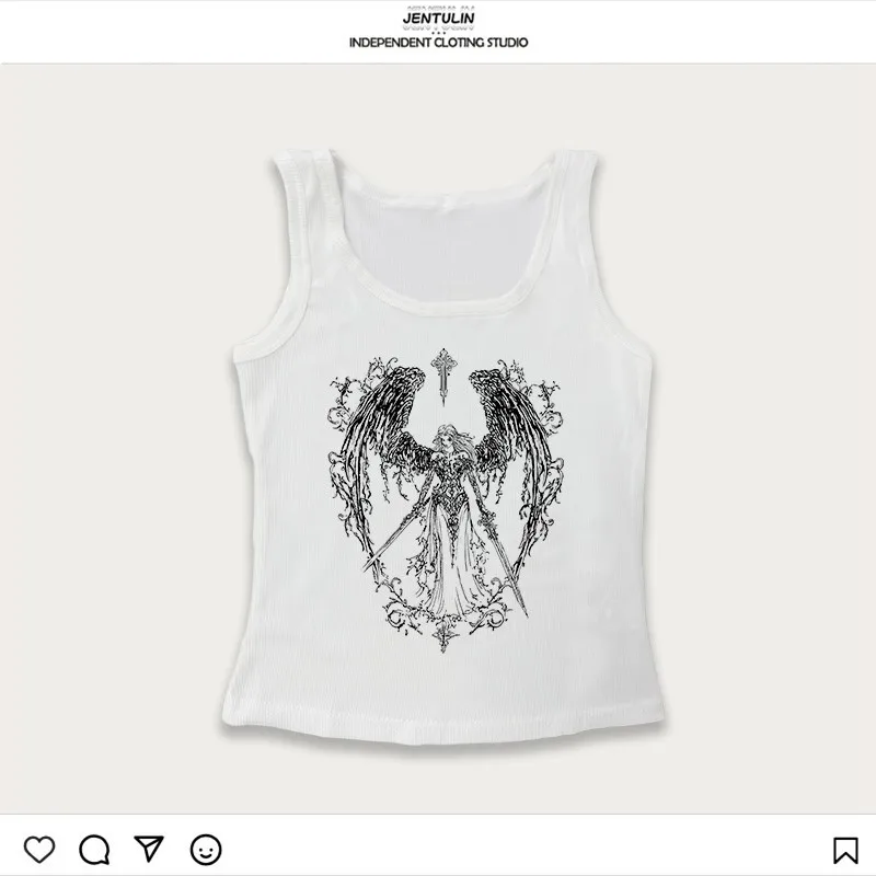 빈티지 여성 고딕 프린트 탱크탑 슬림 그런지 크롭탑 레트로 Y2K 탑 스트릿웨어 그래픽 탱크 & 캐미솔 탑 에모 걸스 코르셋