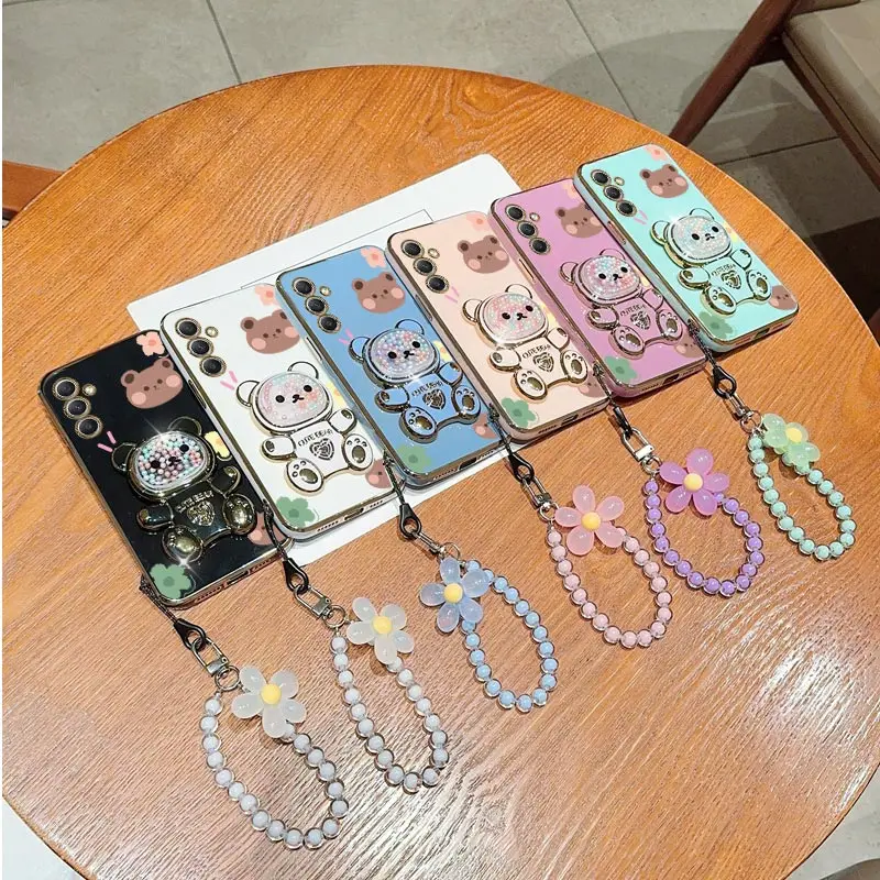 Flower Strap Lanyard Cute Bear Phone Holder Case On For Samsung Galaxy A13 A14 A15 A23 A24 A25 A34 A35 A54 A55 4G 5G Stand Cover