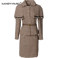 MARYYIMEI Autumn and Winter Women's Suit Turn-Down Collar Long-sleeve With Belt Tops+Slim-Fit Hip Wrap Skirt 2 piece set