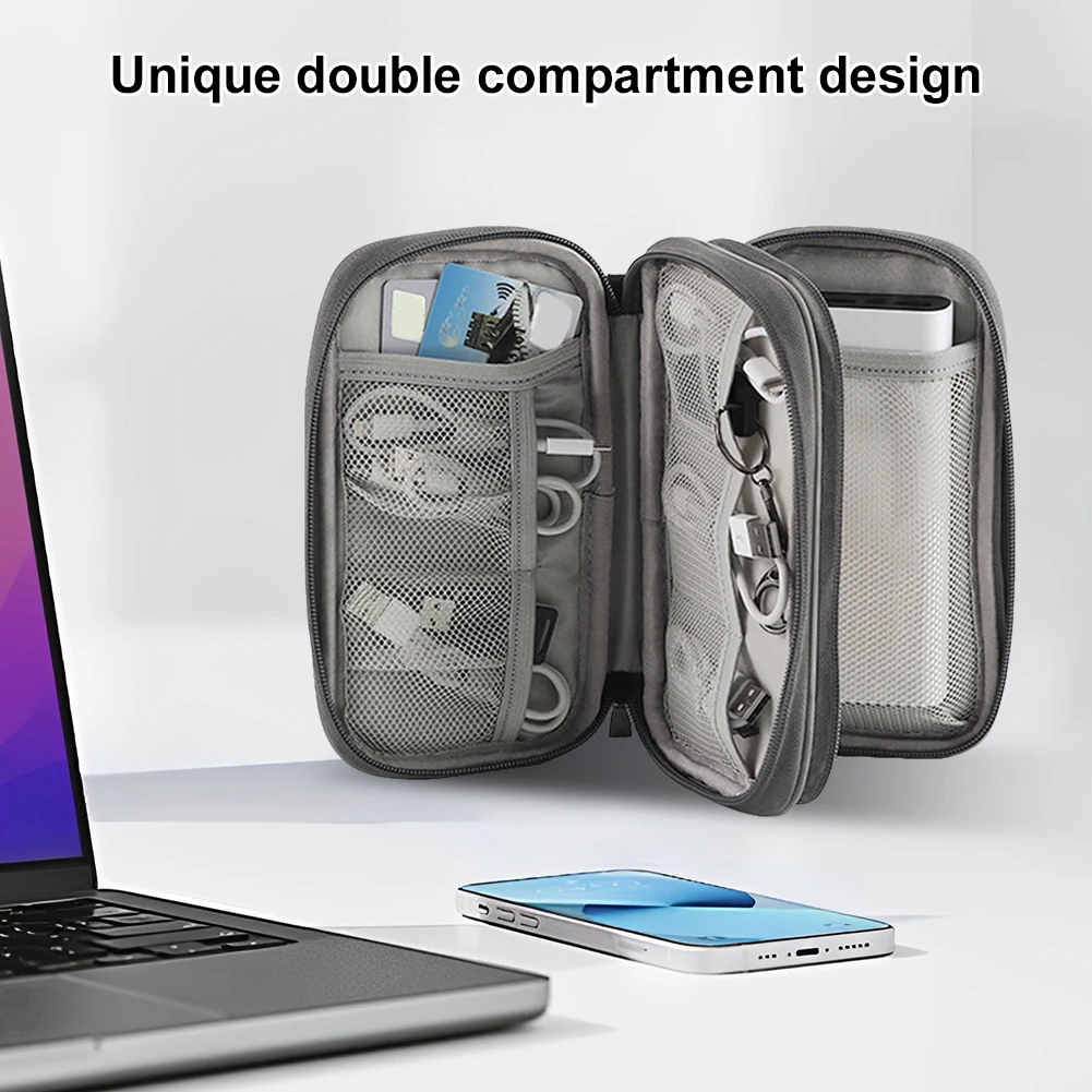กระเป๋าจัดระเบียบอุปกรณ์อิเล็กทรอนิกส์แบบสองชั้น กันน้ำ สำหรับจัดเก็บสายชาร์จ สายเคเบิล และโทรศัพท์มือถือ เหมาะสำหรับการเดินทาง