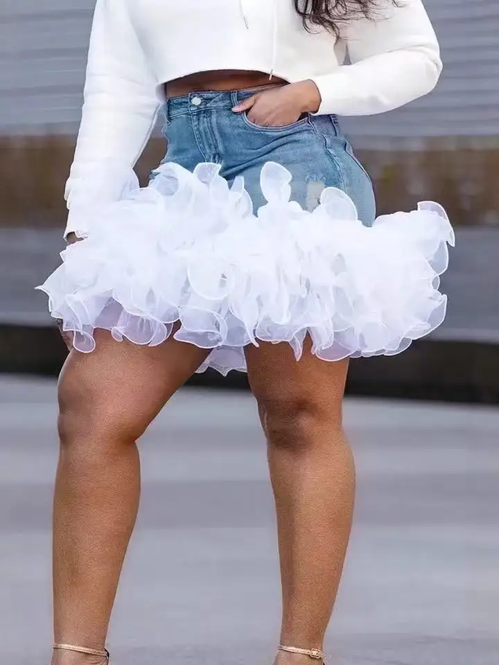 Mesh Lace Trim Splice Denim Mini Skirt for Women Sexy Cross-Border Short Skirt Female BS Trendy Teenage Girls' Jeans Skirts