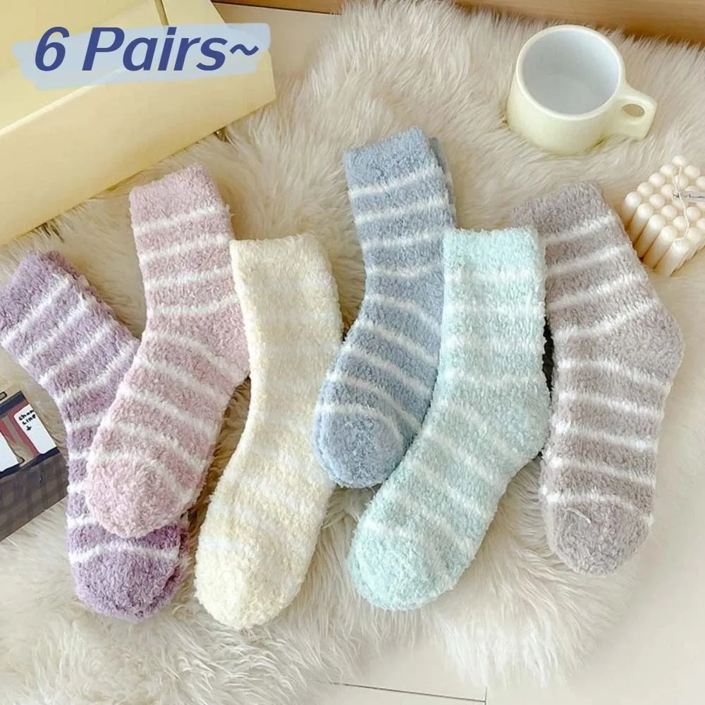 

6Pairs Sweet Stripe Coral Fleece Socks Plush Patchwork Thicken Velvet Socks Soft Warm Sleeping Socks Women