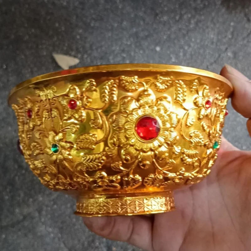 Antique-Style Pure Copper Gilt Inlaid Gemstone Floral Pattern Gold Bowl Water Offering Holy Water Home Decoration Ornament Colle