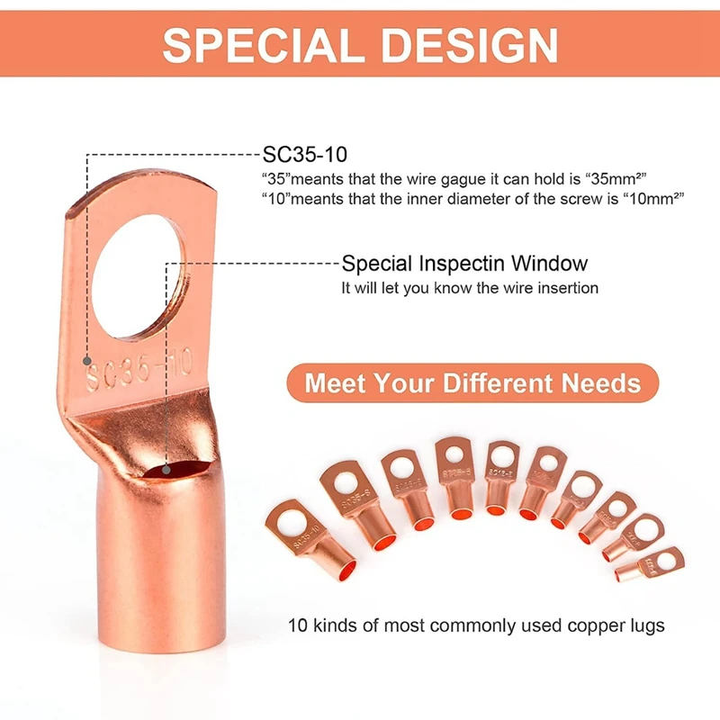 130PCS Copper Wire Lugs Terminal Connectors Used On AWG12 10 8 6 4 2 Cable,Heat Shrink Set,Ring Terminals Connectors