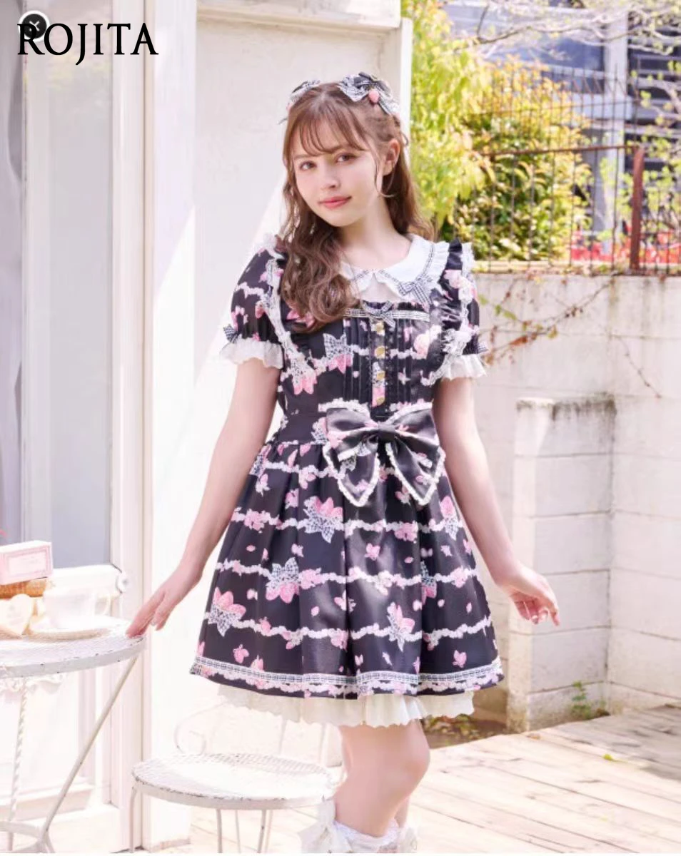 

Japanese Style College Style Doll Collar Puff Sleeve Dress Bow Sweet Mass-Produced Printed Short Sleeve Dress Summer Dress