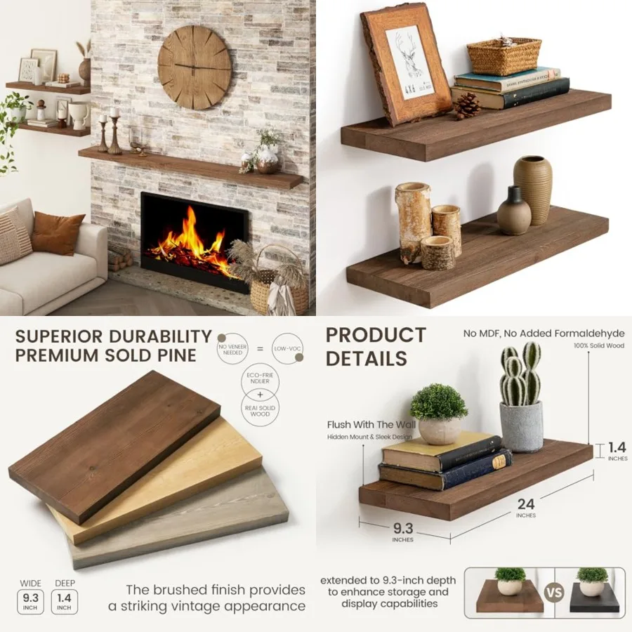 

Floating Shelves 24 Inch Dark Wood Wall Shelves Set of 2 9.3 Inch Deep Rustic Reclaimed Wood Shelves for Room Wall Farmhouse Fl