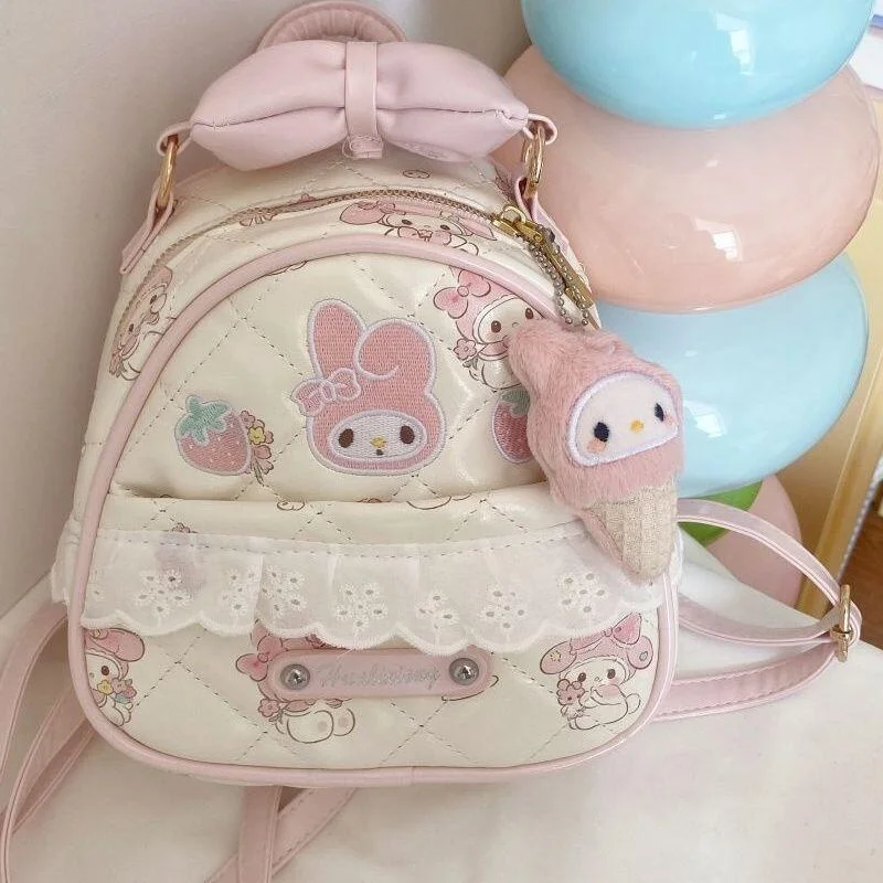

Sanrio Melody Waterproof Pu Diamond Grid Quilting Lace Trim Pink Bow Double Shoulder Bag Mini Commuter Bag Girl's Birthday Gift