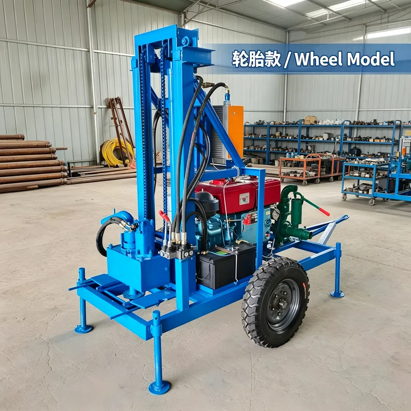 Stable Portable Diesel Engine Running Wheel Double Cylinder Hydraulic Water Well Drill Rig for Small Drilling Contractors