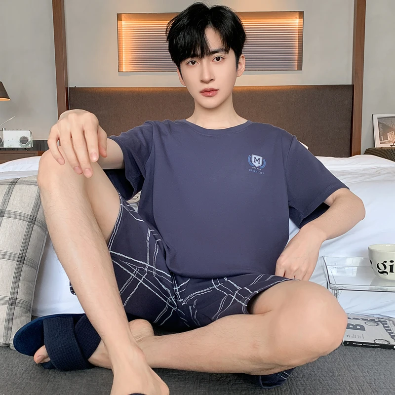 プラスサイズの男性パジャマ夏半袖ルーズレジャーチェック柄 2 ピース/セットブルー O ネックソフトカジュアル部屋着パジャマオムコトン