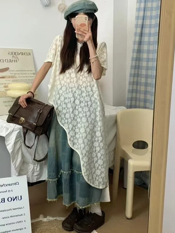 เสื้อคลุมลูกไม้หลวมๆ สไตล์อเนกประสงค์สำหรับฤดูร้อน ดีไซน์เก๋ไก๋แบบไม่สมมาตร แขนยาว ทรงหวาน คอวี