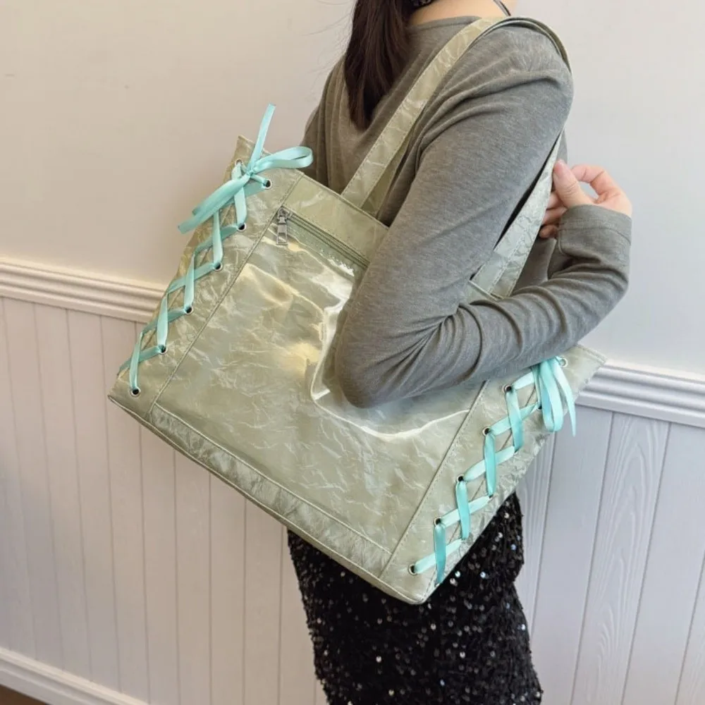 

Прозрачная сумка-тоут на шнурках с лентами и карманом для значков, однотонная, для хранения мерча айдолов, на плечо