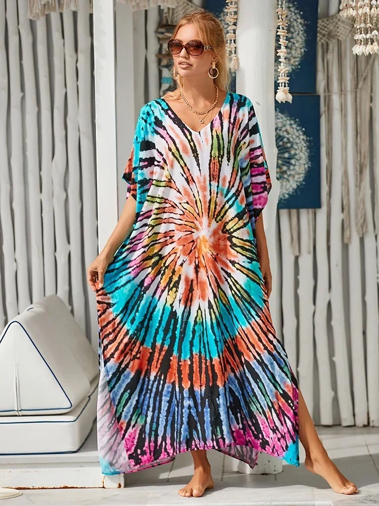 Nuevo traje de baño para mujer, bata con contraste de Color estampado con cuello en V de talla grande, Vestido largo de playa, moda de verano 2025, cubierta para playa