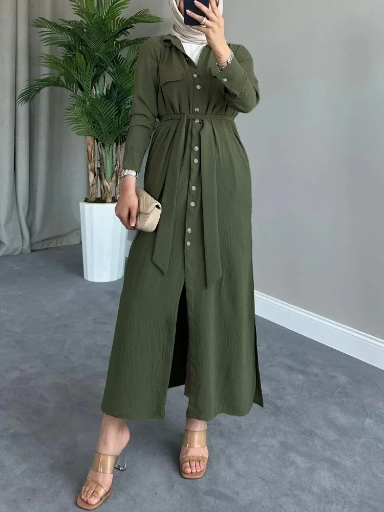 Autumn Muslim Dress for Women Abaya Button Up Cadigan Jalabiya Casual Shirt Dresses Dubai Abayas Kaftan Vestidos Arab Long Robe