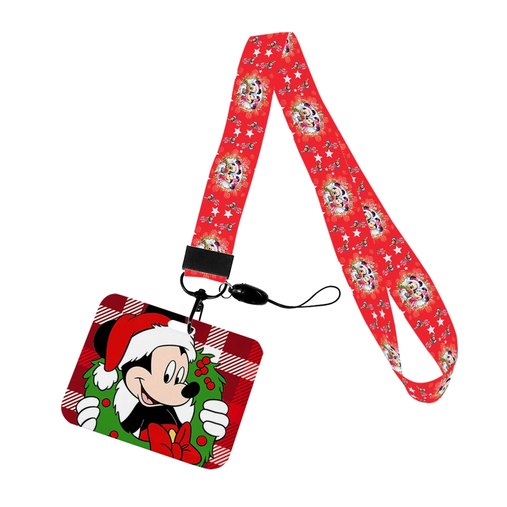 Diseño navideño de Mickey Mouse de Disney, soporte para insignia de dibujos animados, tarjeta de identificación, tarjetero de autobús, cordón para accesorios, regalos de navidad