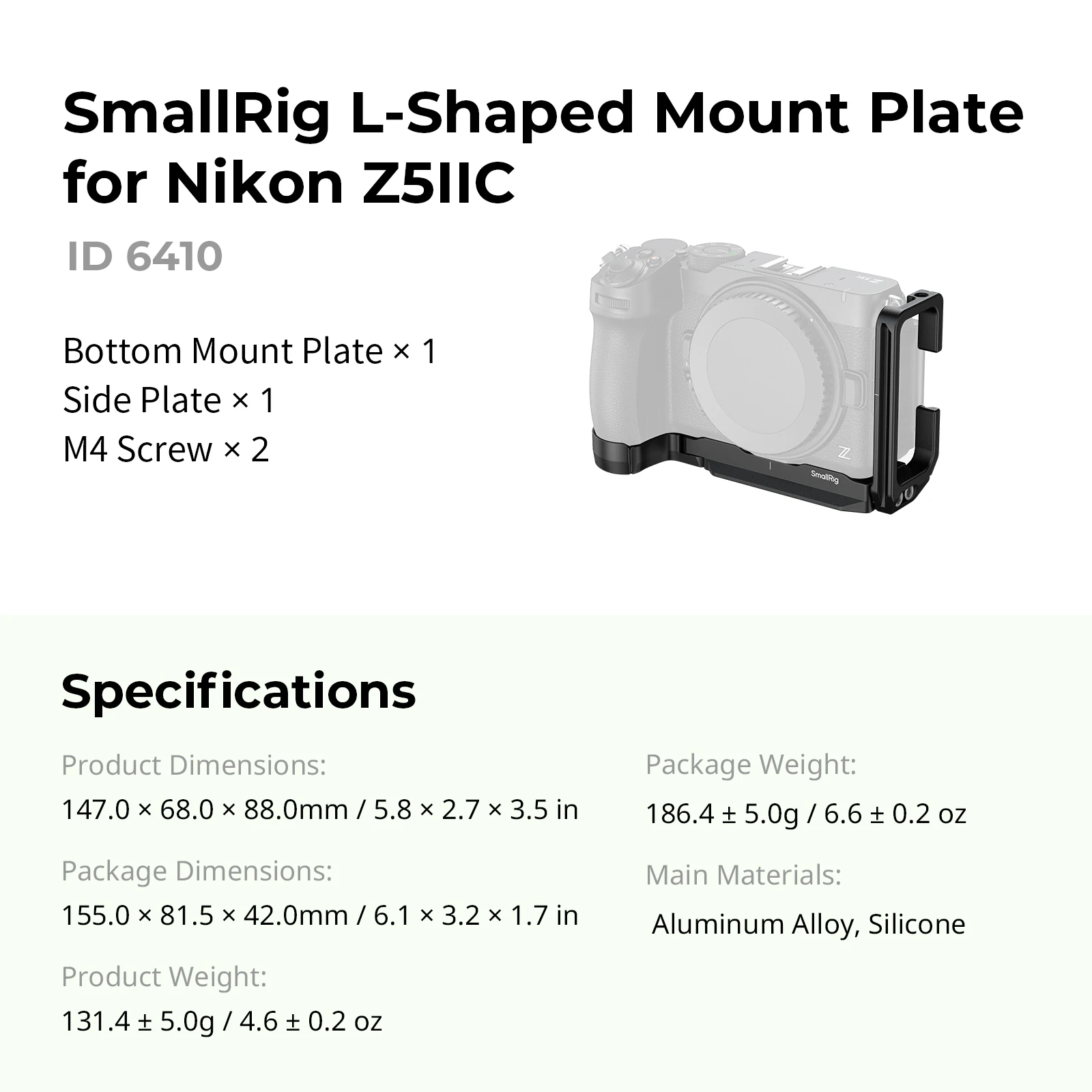 SmallRig Z5IIC L-vormige montageplaat voor de Nikon Z5IIC, voor het snel omschakelen van horizontale naar verticale stand, met 1/4"-20 schroefgaten - 6410.
