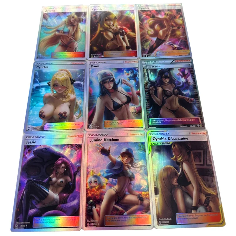 9Pcs/set Pokemon Trainer Jessie Lumine Ketchum Cynthia Lusamine Dawn Hex Maniac Sexy Anime Girl Game Collection Cards Toy Gift