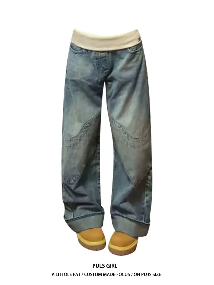 

Retro American Large Size Washed Patchwork Waist Straight Leg Jeans Women's Loose Casual Long Pants High Waist Wide Leg