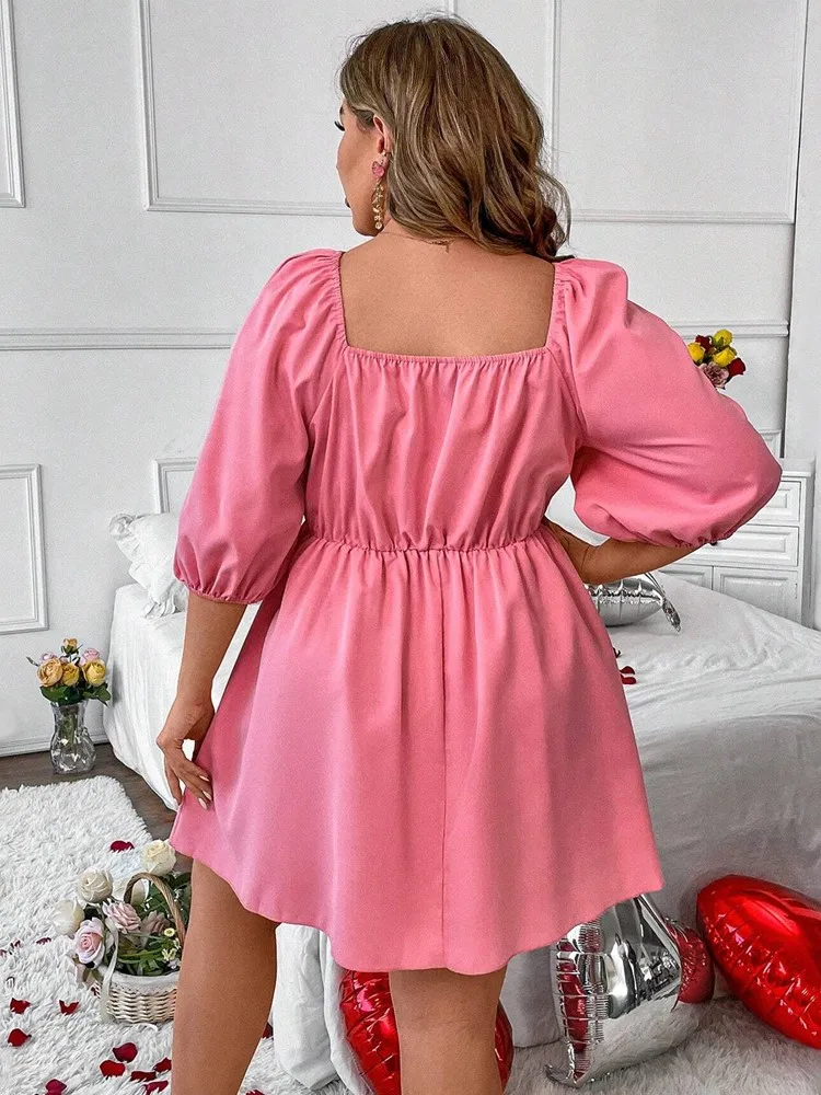 Plus Size Pink Summer Mini Dress Women Puff Short Sleeve Fashion Ruffle Pleated Ladies Dresses Square Collar A-Line Woman Dress