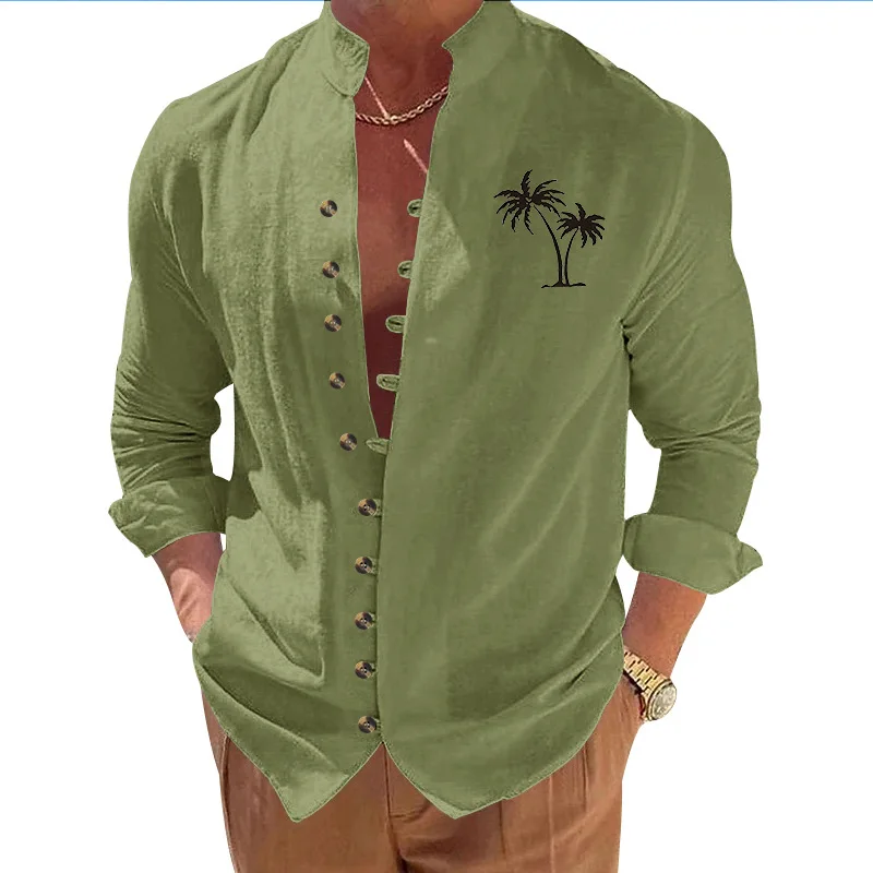 

Cross-border Summer Explosion Coconut Palm Casual Print Retro Stand-up Collar Long-sleeved Button-up Muslim Men Clothing