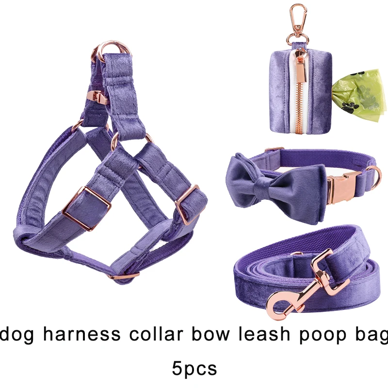 Personlized Purple Velvet Dog Harness Basic Dog Leash Adjustable Buckle Velvet Dog Collar with Bow for Dog or Cat