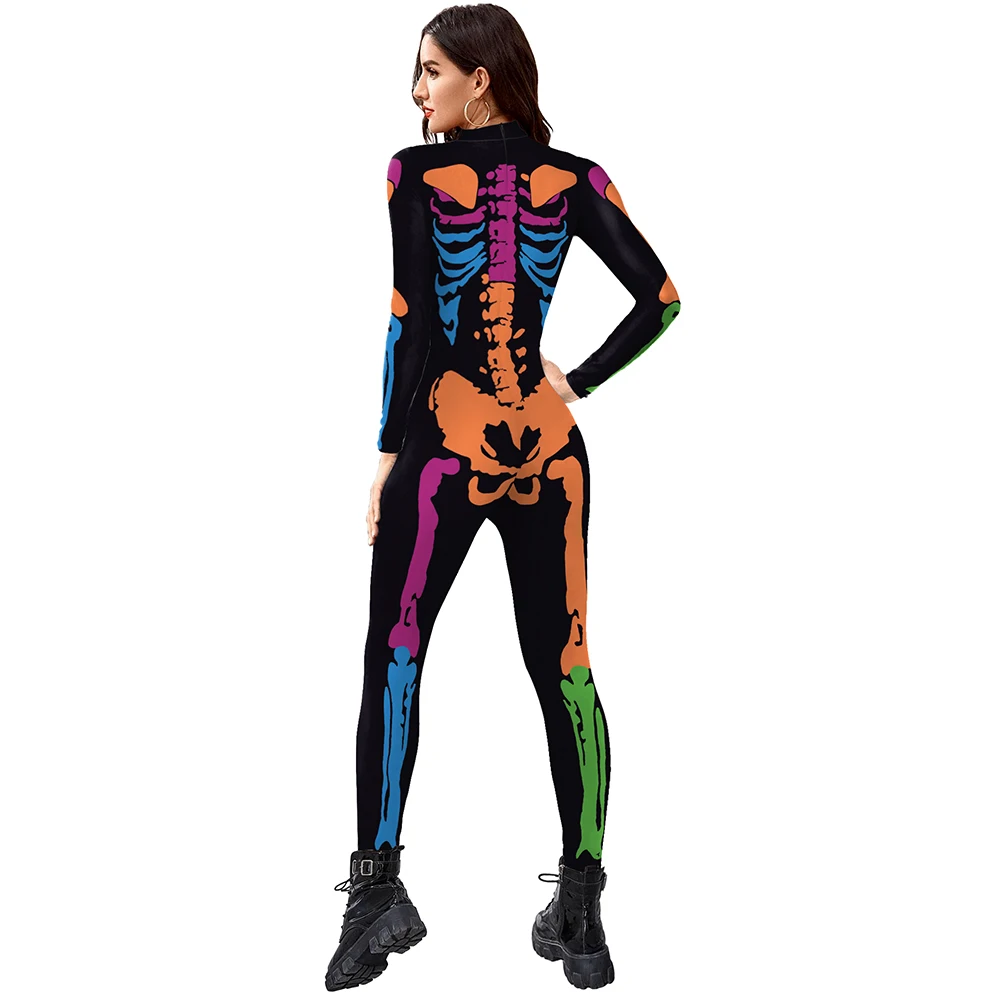 IOOTIANY Fluoreszierender Totenkopf-Overall, 3D-gedrucktes Halloween-Cosplay-Kostüm, sexy Jumpsuit, Bodysuit, Karnevalskleidung für Erwachsene – Detail 7
