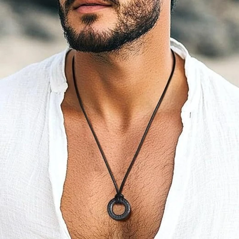 Luen Letter Circular Pendants Stainless Steel Men Personality High-end Fashion Leather Rope Necklaces Jewelry