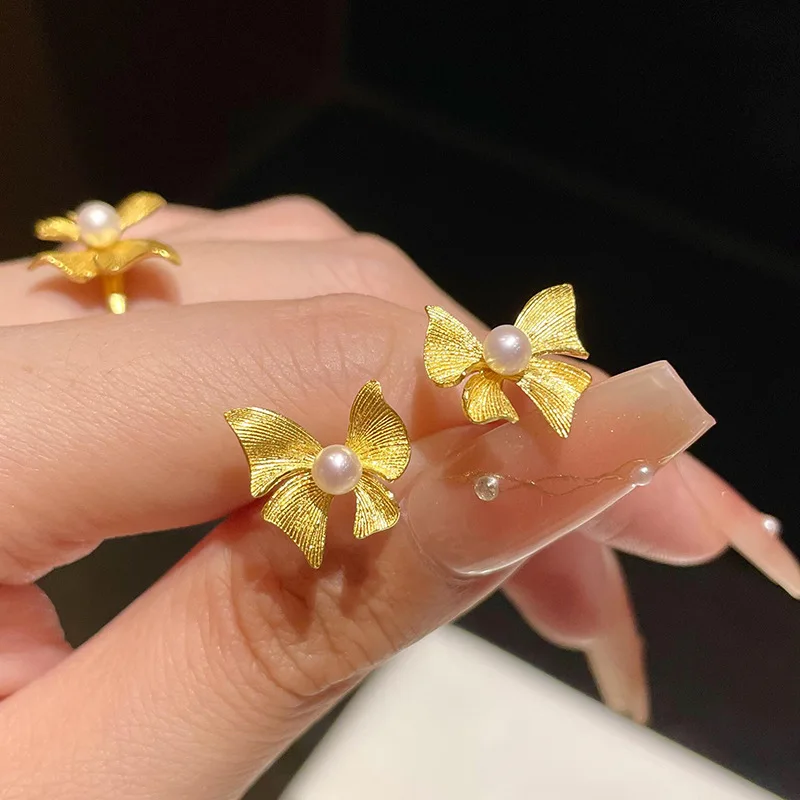 Best-selling Luxury Sweet Gold Color Brushed Butterfly Imitation Pearl Adjustable Ring for Woman Girl Korean Exquisite Jewelry