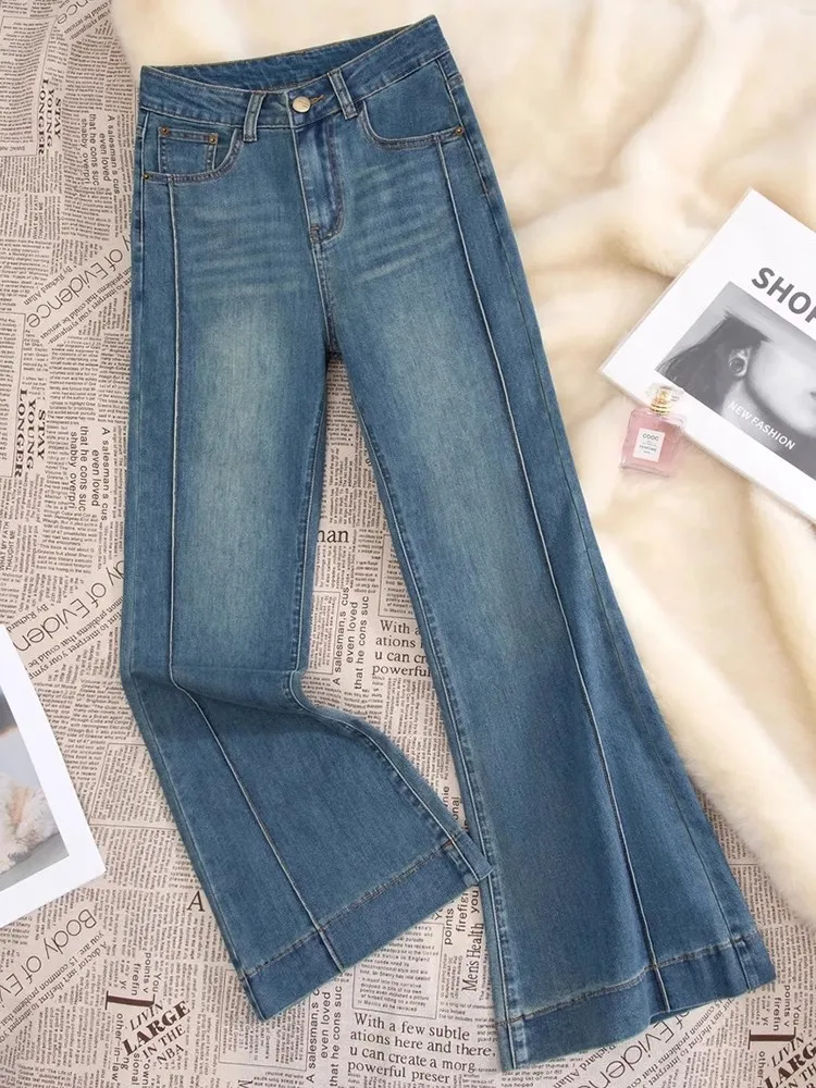 

Весна 2025: Модные женские джинсы с высокой талией, широкими штанинами и микро-клешем, светло-голубые брюки-клеш, стройнящие длинные брюки