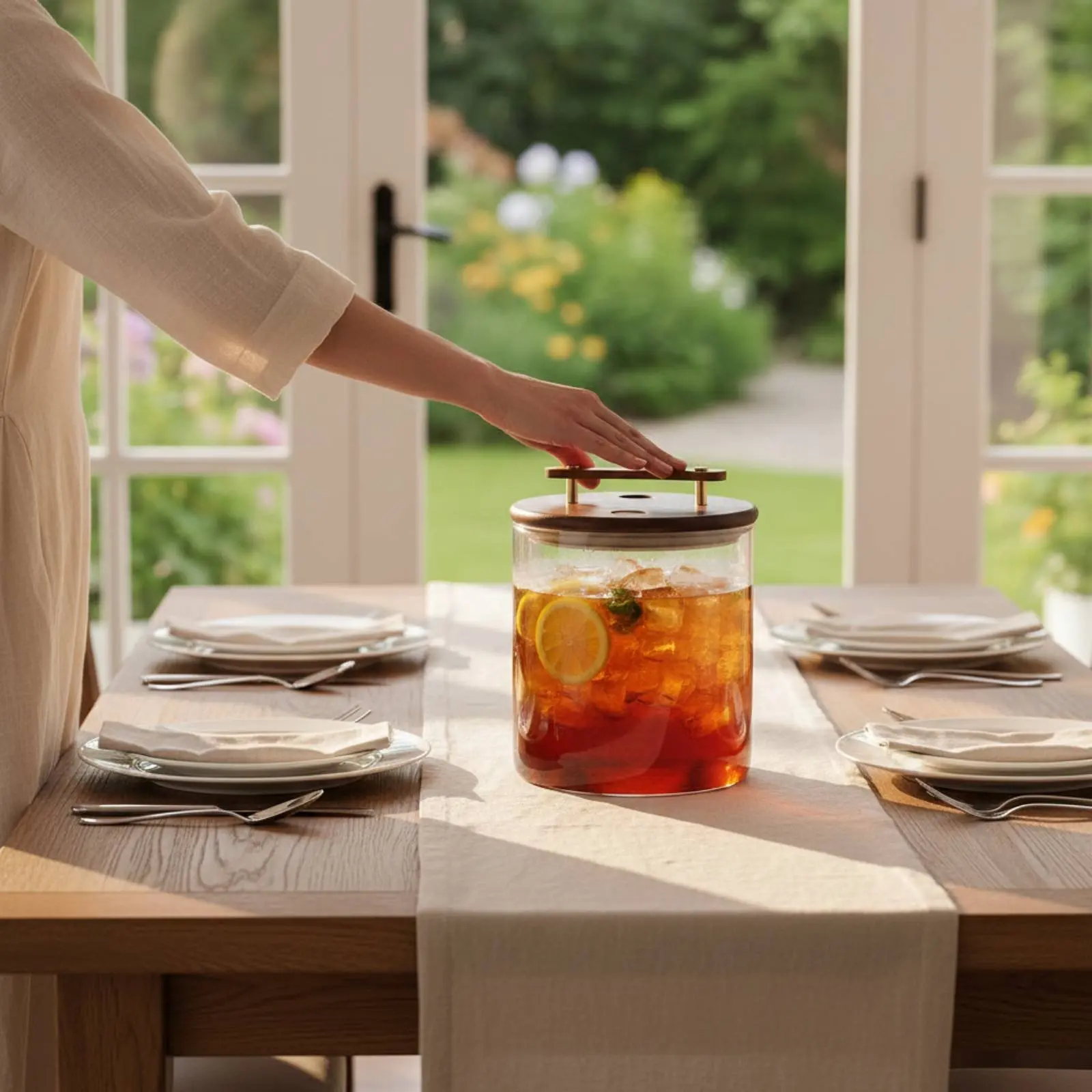 

Стеклянный диспенсер для напитков с краном, легко моющийся, стеклянная емкость для холодных напитков с деревянной подставкой, из пищевых материалов