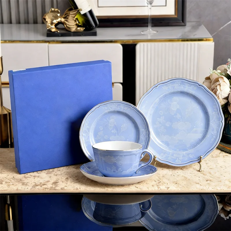 High-end Oriental series coffee cup with disc ceramic mug pink yellow blue green printed plate teacup set gift box souvenir