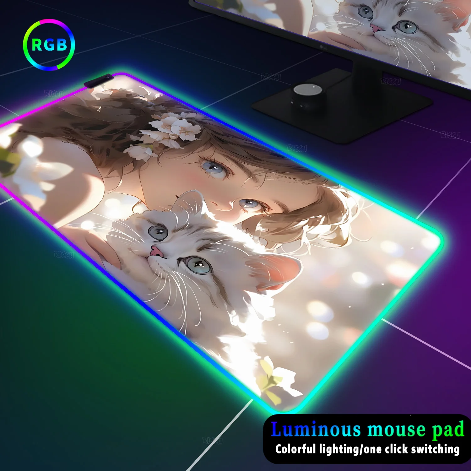 Pc Gaming Accessories Desk Mat RGB Aesthetic beauty pad Anime Cute Girl Cat Mouse Pad Keyboard Mat Xxl Kawaii Led 90x40 Mausepad