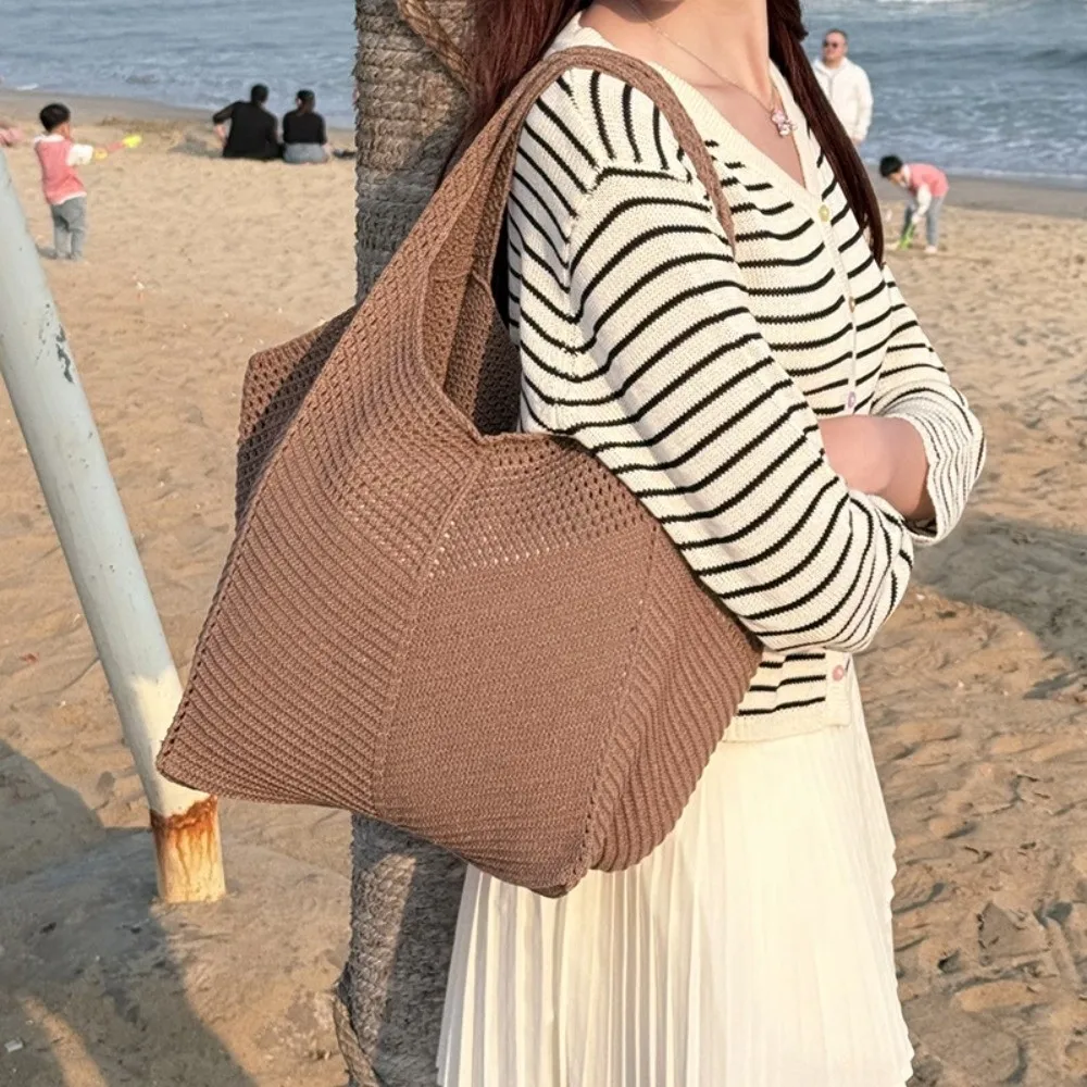 

Simple Hollow Out Woven Shoulder Bags Solid Color Large Capacity Beach Handbag Knitted Crochet Shopping Tote Bag Beach