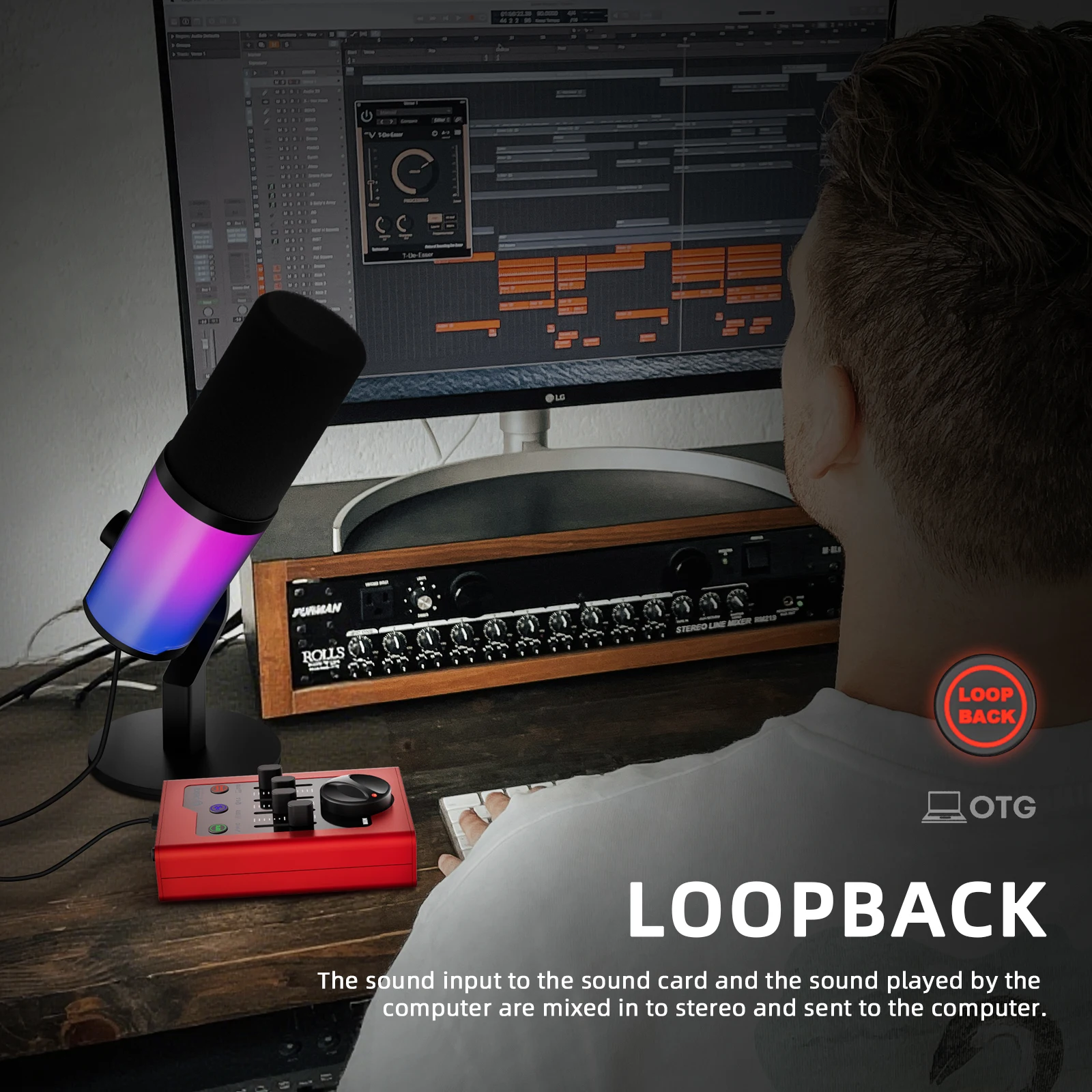 Tarjeta de sonido externa portátil con Bluetooth, muestreo OTG de 24 bits/48 KHz, reverberación y Control EQ, para Podcast/streaming/juegos en Comp