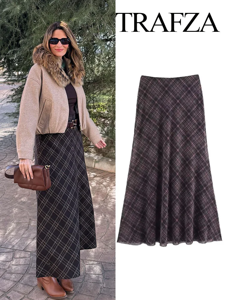 TRAFZA Women Spring Elegant High Waist Plaid Midi Skirt Versatile Pleated Skirt Woman Chic Casual Vintage Straight Skirt