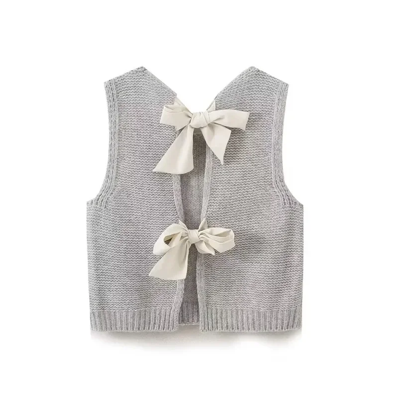 TRAF ZR Knitted Vest Winter Ladies Tops Sleeveless Waistcoat Women Basics Bow Vests Women\'s Fashion Vests Vintage Cold Vest