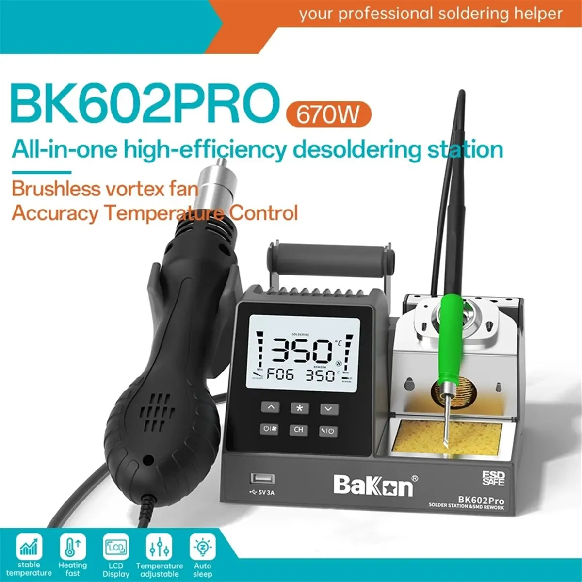 

BK602 PRO 2-в-1 паяльная станция, паяльная станция горячего воздуха, адаптивная C115/C210/C245, нагревательный сердечник, вентилятор, ремонт телефона, вилка стандарта США