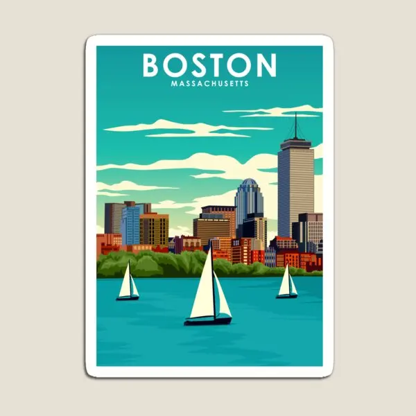 Boston Massachusetts Vintage Minimal Tra  Magnet  Kids Baby Cute Magnetic Holder for Fridge Organizer Colorful Stickers Decor